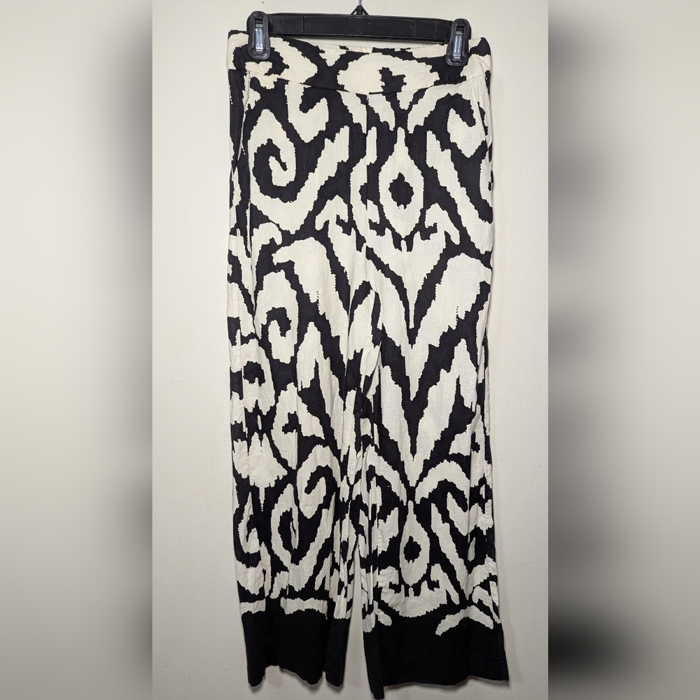 Rachel Zoe Linen Blend Pants Black Cream Wide Leg Cropped Pull-On Women's Size S